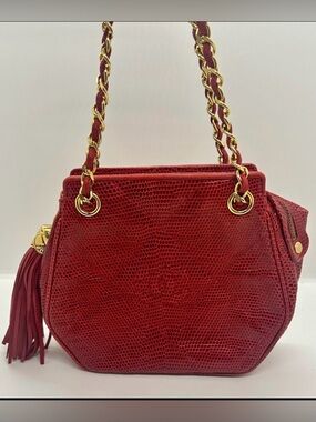 CHANEL Vintage Red Lizard Skin Hexagon Gold Chain Shoulder Bag